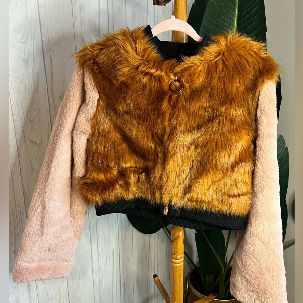 Shaci Blue Women's Pink Brown Faux Fur Short Jacket Coat Medium